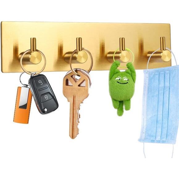 Adhesive Stainless Steel Key Hooks Towel Hook Coat Hanger Four Rows Gold 1PCS - Picture 1 of 6